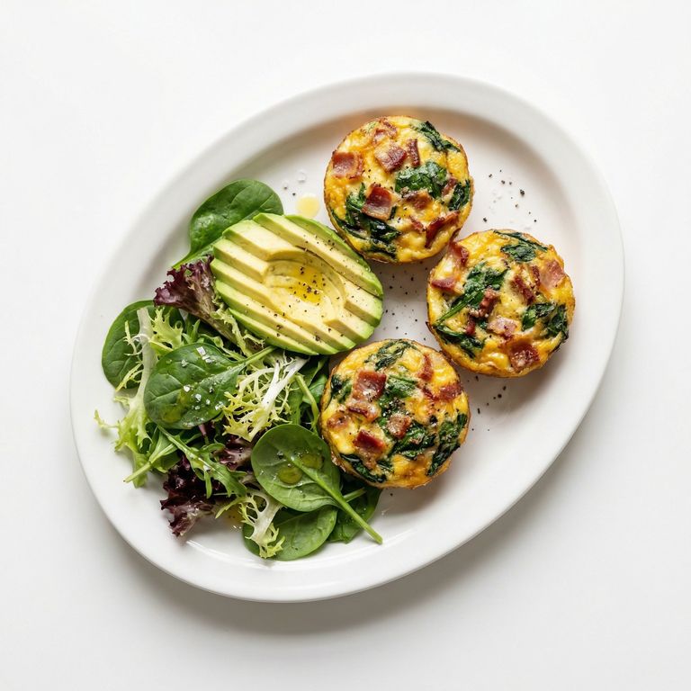 Bacon and Spinach Egg Muffins With Avocado Greens, prepared as a finished Lila recipe