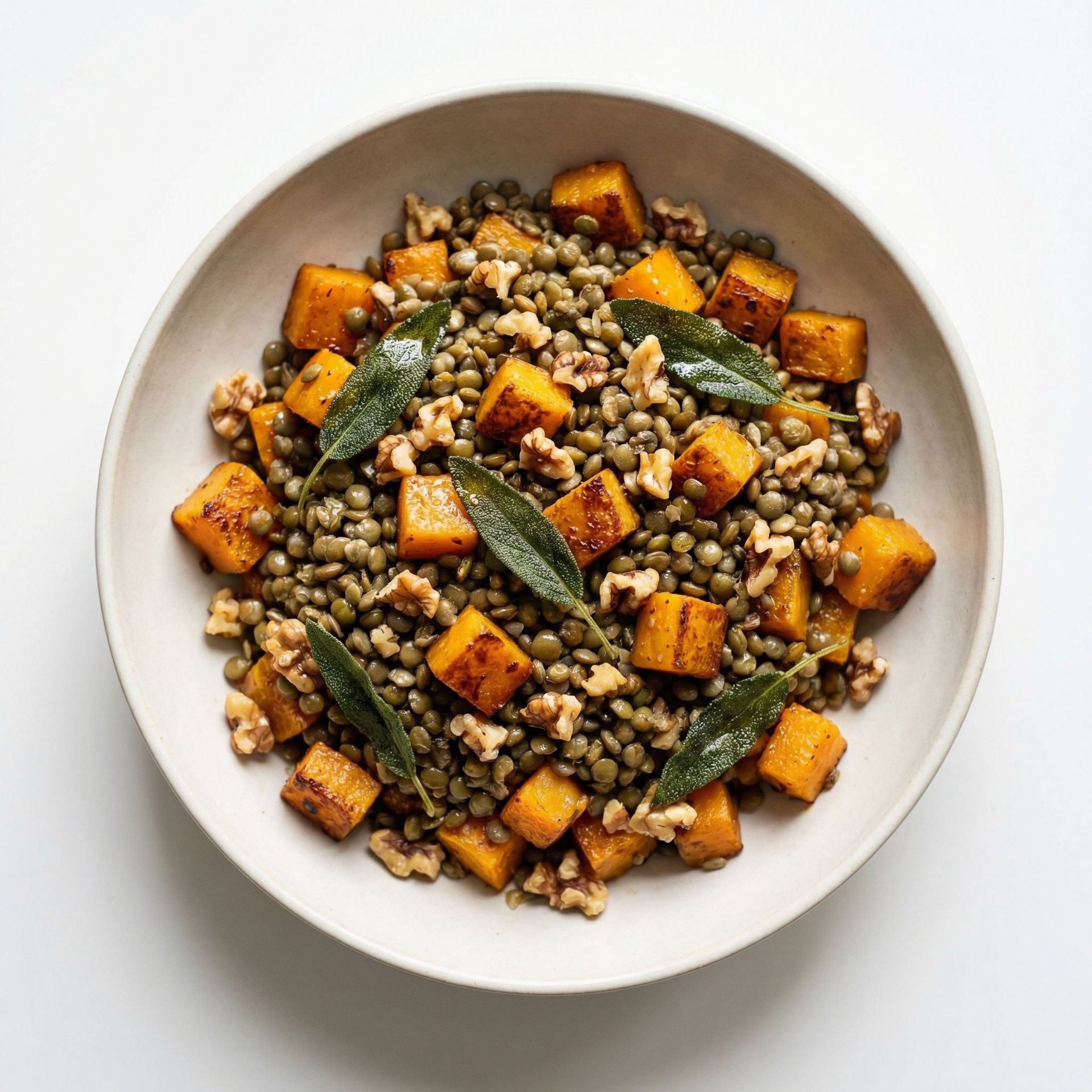 Roasted Butternut Squash and Sage Lentils, prepared as a finished Lila recipe