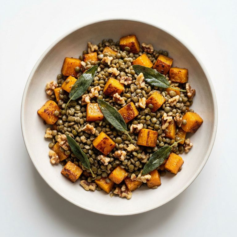 Roasted Butternut Squash and Sage Lentils, prepared as a finished Lila recipe