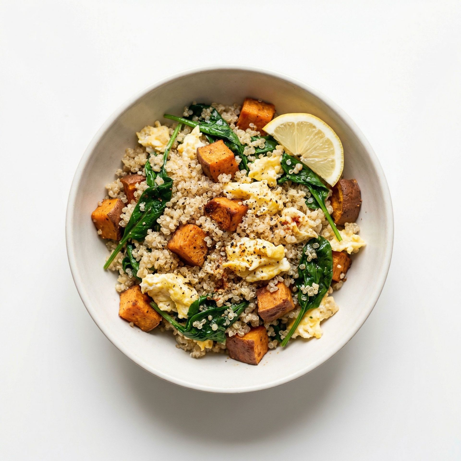 Sweet Potato and Spinach Quinoa Breakfast Bowl, prepared as a finished Lila recipe