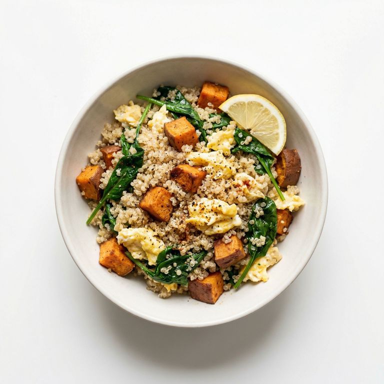 Sweet Potato and Spinach Quinoa Breakfast Bowl, prepared as a finished Lila recipe
