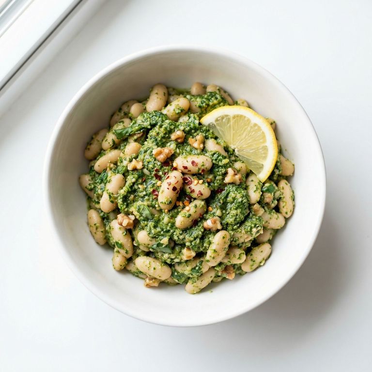 Creamy White Beans With Spinach-Walnut Pesto, prepared as a finished Lila recipe