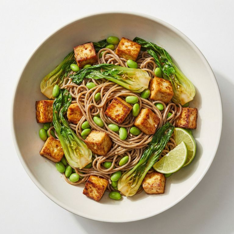 Crispy Tofu & Edamame Soba Bowl, prepared as a finished Lila recipe
